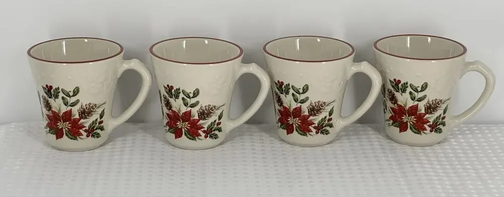 Longaberger Natures Garland Mugs - set of 4 Poinsettia Christmas Pottery